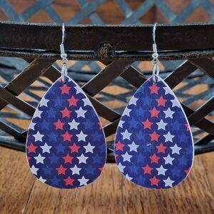 Hand Crafted Navy Blue Red White Star Teardrop Earrings